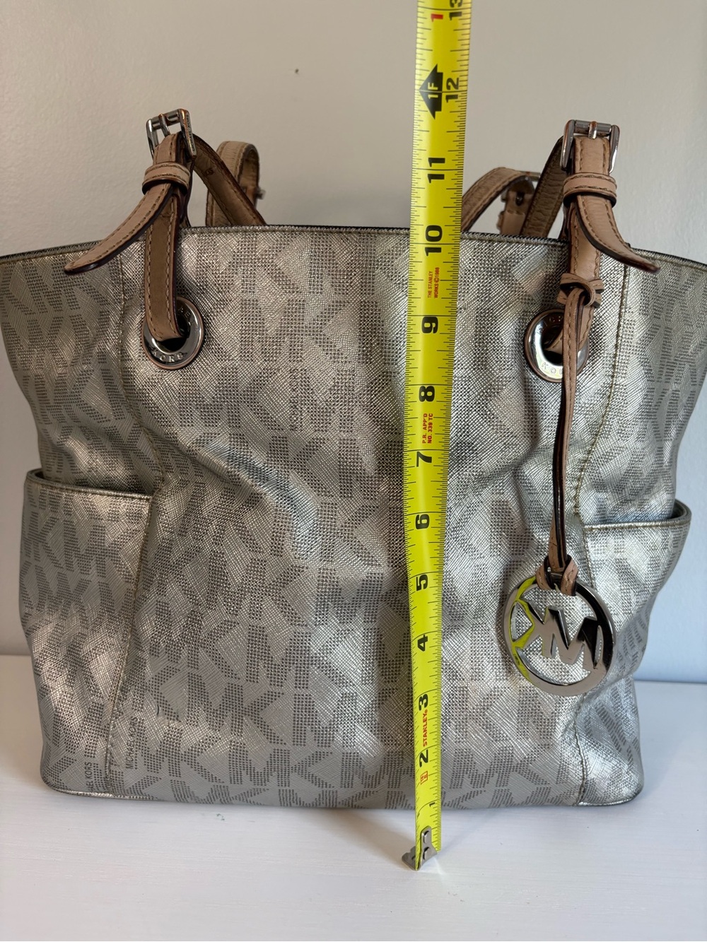 Michael Kors Silver Metallic East West Signature Monogram Chain Tote Bag - Picture 5 of 15